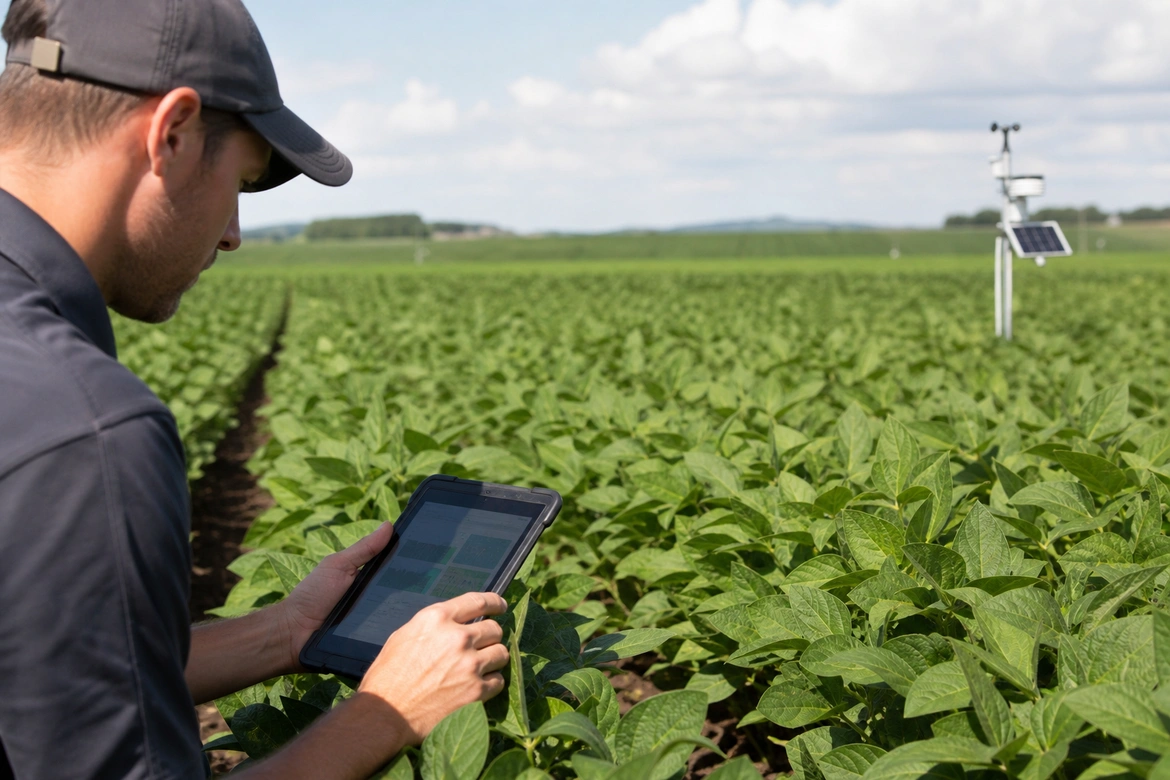 Técnico monitorando a saúde da lavoura com tablet em campo