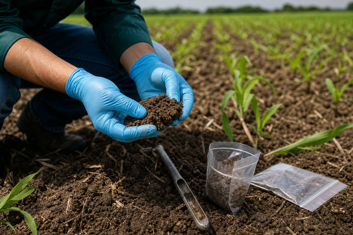 Agrônomo coletando amostra de solo para diagnóstico em campo