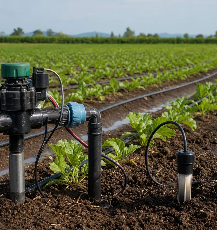 Válvula de controle e sensor de umidade em sistema de irrigação agrícola