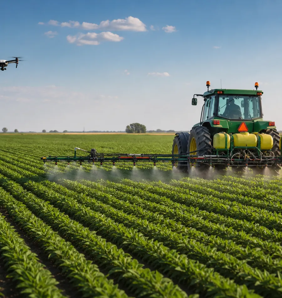 Trator aplicando insumos com precisão enquanto drone mapeia a lavoura