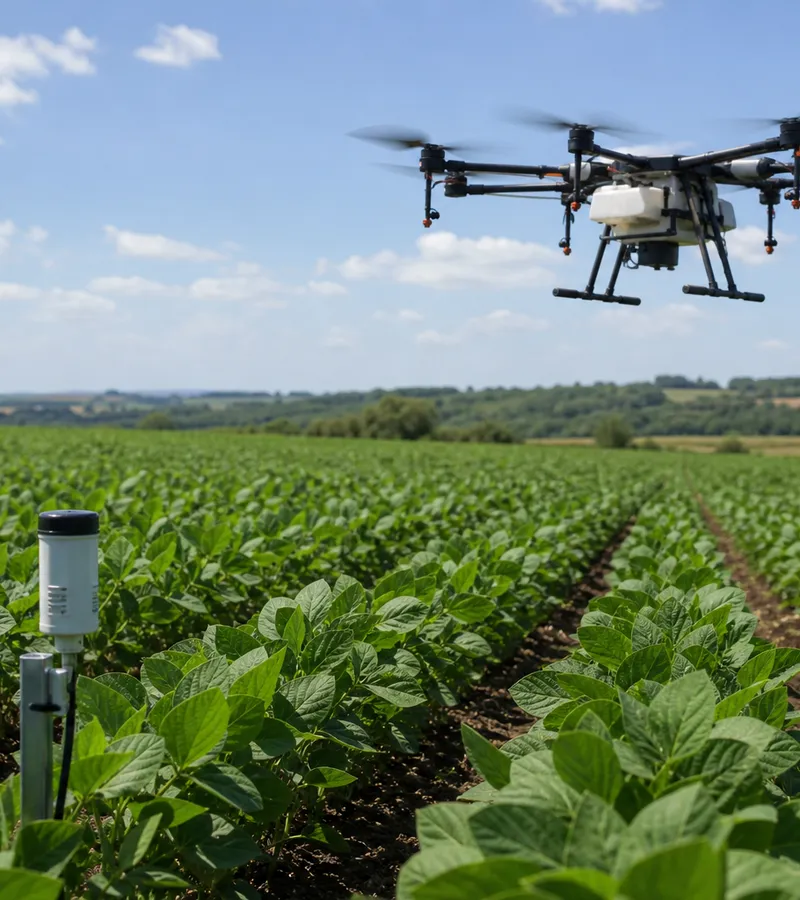 Drone agrícola e sensor de umidade monitorando lavoura de soja