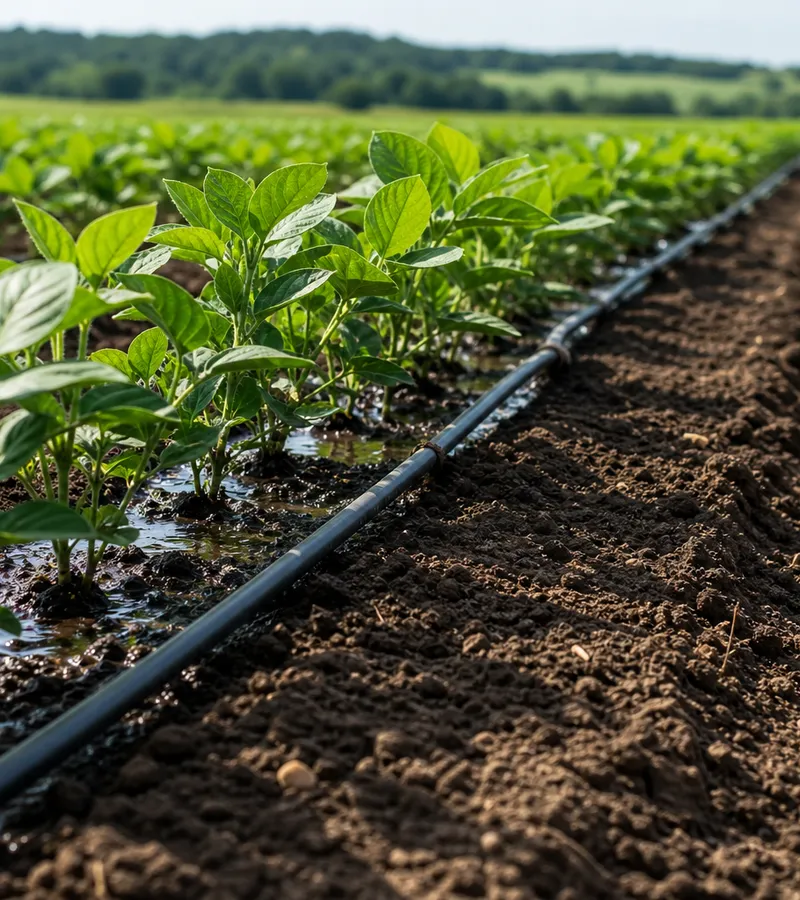Linhas de irrigação por gotejamento levando água diretamente às plantas